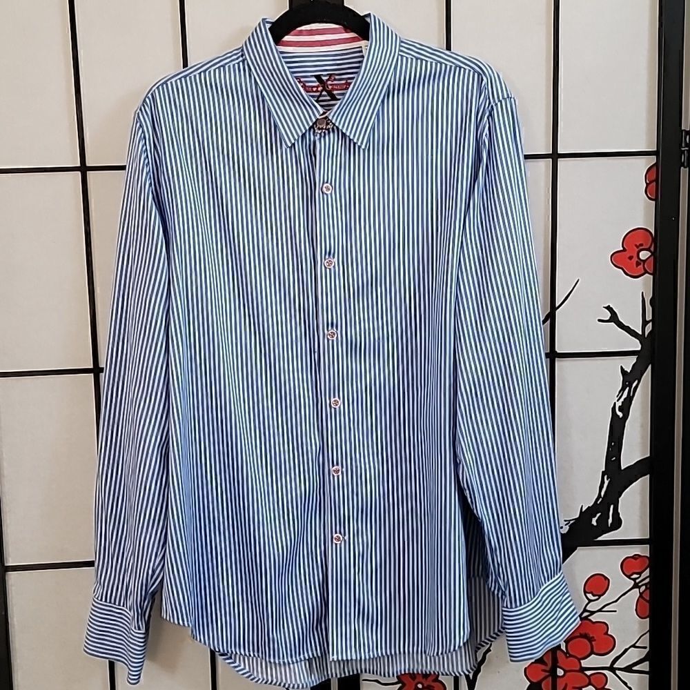 Robert Graham Blue Striped Cotton Long Sleeve Button Down Size XL